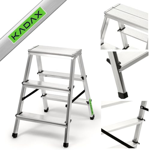 KADAX Trittleiter aus Aluminium 3 Stufen, Klapptritt bis 125kg, Stufenleiter mit Antirutschstufen, Stehleiter, beidseitige Aluleiter, Klappleiter, Haushaltsleiter von KADAX