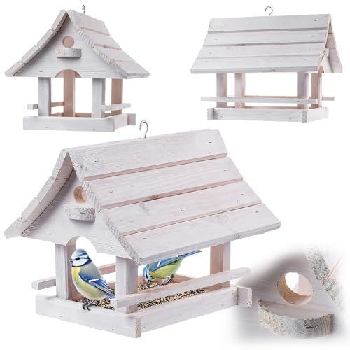KADAX Vogelhaus zum Aufhängen, Vogelfutterhaus aus Holz, wetterfest Futterhaus für Vögel im Garten & Balkon, Vogelhäuschen, Vogelfutterstation (Weiß) von KADAX