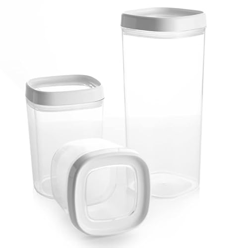 KADAX Vorratsbehälter, transparente Aufbewahrungsbox aus Kunststoff, luftdichte Vorratsdose mit Deckel, Schüttdosen für Mehl, Müsli, Zucker und Nudeln (Set of 3: 600ml+1000ml+1800ml, Weiß) von KADAX