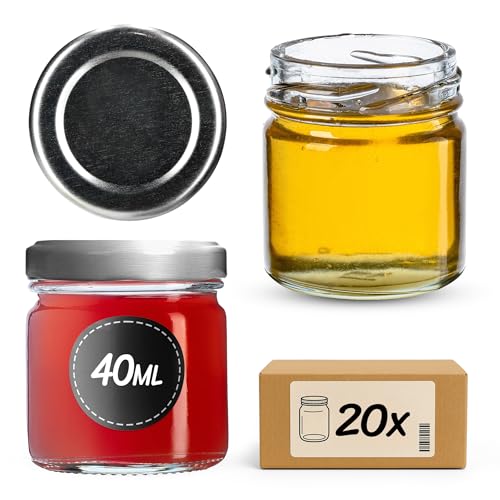 KADAX 20st Mini Gläser 40 ml mit Schraubdeckel fi 43mm, Einmachglas, Gewürzgläser mit Deckel, Sturzglas, Probiergläser, Marmeladengläser, kleine Honiggläser (20 Stück, Silber Deckel) von KADAX