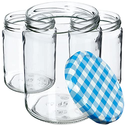 KADAX Weckgläser 540 ml, Einmachglas zum Einlegen, Einkochgläser für Schraubdeckel, Sturzglas, Marmeladenglas, Vorratsglas, Konservenglas, Rundglä-ser (Blau kariert / 48 Stück) von KADAX
