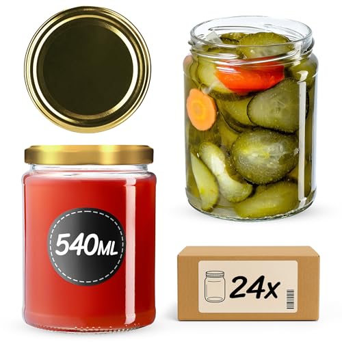KADAX Konservengläser 540 ml, 24er Set, Rundgläser mit Schraubdeckel Motiv „Gold“ – Einmachgläser zum Einlegen, Einkochen oder Aufbewahren von Marmelade, Obst und Gemüse von KADAX