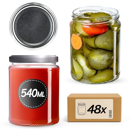 KADAX Konservengläser 540 ml, 48er Set, Rundgläser mit Schraubdeckel Motiv „Silber“ – Einmachgläser zum Einlegen, Einkochen oder Aufbewahren von Marmelade, Obst und Gemüse von KADAX
