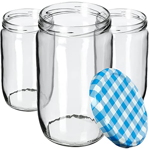 KADAX Weckgläser 720 ml, Einmachglas zum Einlegen, Einkochgläser für Schraubdeckel, Sturzglas, Marmeladenglas, Vorratsglas, Konservenglas, Rundgläser (Blau kariert / 16 Stück) von KADAX