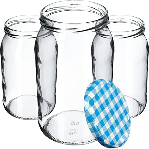 KADAX Weckgläser 900 ml, Sturzglas zum Einlegen, Einkochgläser für Schraubdeckel, Einmachglas verwendbar als Marmeladenglas, Vorratsglas, Konservenglas (48 Stück, Blau kariert) von KADAX