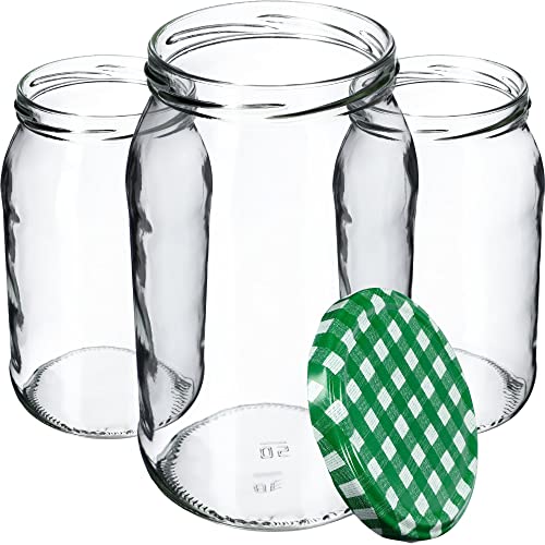 KADAX Weckgläser 900 ml, Sturzglas zum Einlegen, Einkochgläser für Schraubdeckel, Einmachglas verwendbar als Marmeladenglas, Vorratsglas, Konservenglas (48 Stück, Grün kariert) von KADAX