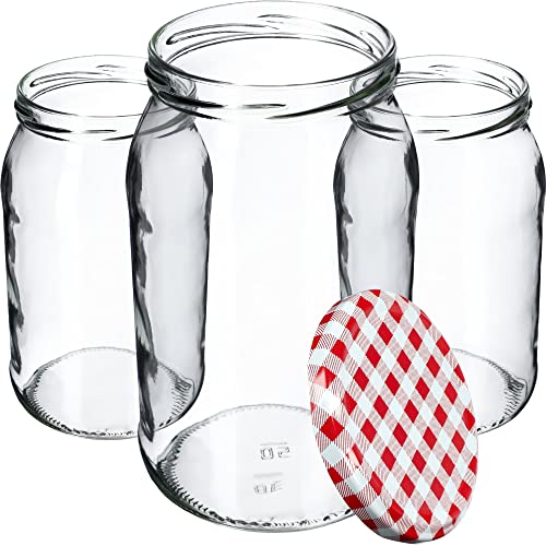 KADAX Weckgläser 900 ml, Sturzglas zum Einlegen, Einkochgläser für Schraubdeckel, Einmachglas verwendbar als Marmeladenglas, Vorratsglas, Konservenglas (48 Stück, Rot kariert) von KADAX