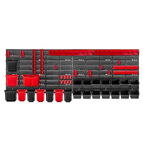 KADAX Werkstattregal, 116x39cm Werkzeugwandregal aus robustem Kunststoff, UV-Resistentes Lagersystem, Erweiterbare Wandplatten, Werkstatt oder Garten (Rot & Schwarz, 46 TLG.) von KADAX