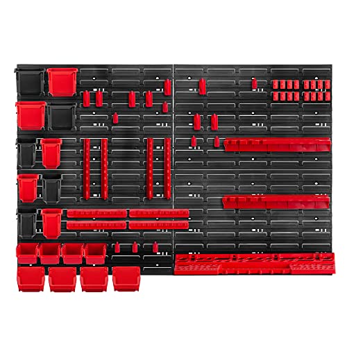 KADAX Werkstattwandregal, 116x78cm Lagersystem aus robustem Kunststoff, UV-Resistentes Werkstattregal, Erweiterbare Wandplatten, Schüttenregal für Garage, (Rot, 61 TLG.) von KADAX