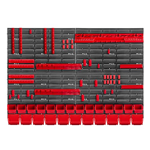 KADAX Werkstattwandregal, 116x78cm Lagersystem aus robustem Kunststoff, UV-Resistentes Werkstattregal, Erweiterbare Wandplatten, Schüttenregal für Garage, (Rot, 70 TLG.) von KADAX