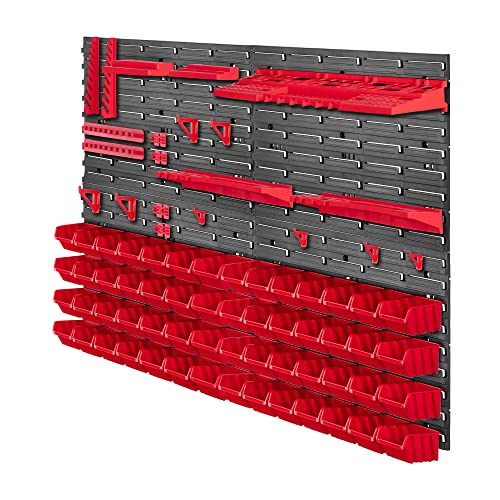 KADAX Werkstattwandregal, 116x78cm Lagersystem aus robustem Kunststoff, UV-Resistentes Werkstattregal, Erweiterbare Wandplatten, Schüttenregal für Garage, (Rot, 81 TLG.) von KADAX