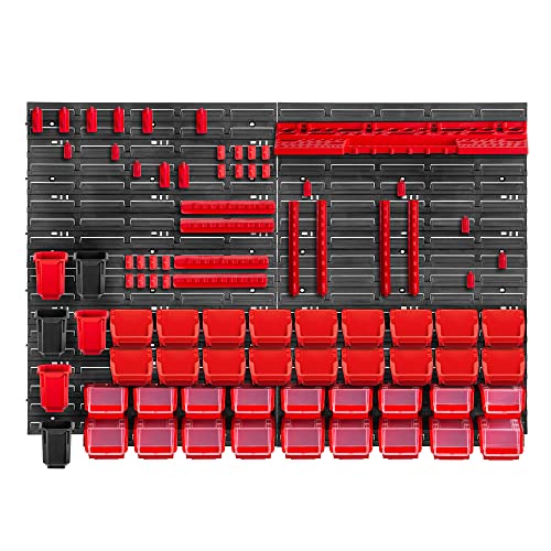 KADAX Werkstattwandregal, 116x78cm Lagersystem aus robustem Kunststoff, UV-Resistentes Werkstattregal, Erweiterbare Wandplatten, Schüttenregal für Garage, (Rot, 83 TLG.) von KADAX