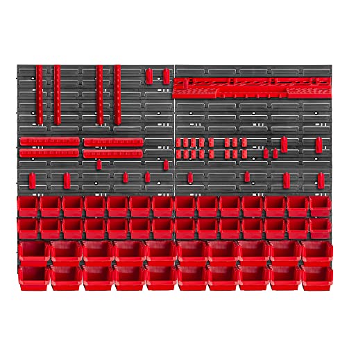 KADAX Werkstattwandregal, 116x78cm Lagersystem aus robustem Kunststoff, UV-Resistentes Werkstattregal, Erweiterbare Wandplatten, Schüttenregal für Garage, (Rot, 89 TLG.) von KADAX