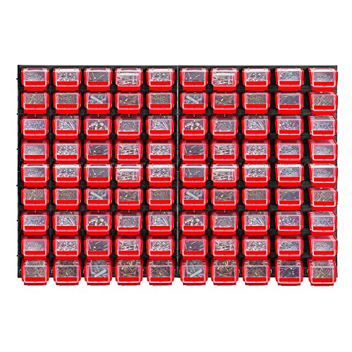 KADAX Werkstattwandregal, 116x78cm Lagersystem aus robustem Kunststoff, UV-Resistentes Werkstattregal, Erweiterbare Wandplatten, Schüttenregal für Garage, (Rot, 90 TLG.) von KADAX