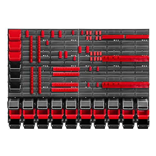 KADAX Werkstattwandregal, 116x78cm Lagersystem aus robustem Kunststoff, UV-Resistentes Werkstattregal, Erweiterbare Wandplatten, Schüttenregal für Garage, (Rot&Schwarz, 80tlg.) von KADAX