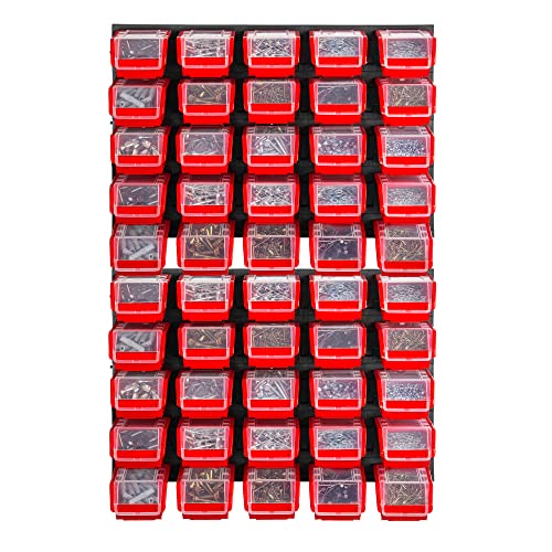 KADAX Werkstattwandregal, 58x78cm Lagersystem aus robustem Kunststoff, UV-Resistentes Werkstattregal, Erweiterbare Wandplatten, Schüttenregal für Garage (Rot, 50 TLG.) von KADAX