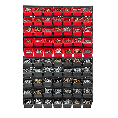 KADAX Werkstattwandregal, 58x78cm Lagersystem aus robustem Kunststoff, UV-Resistentes Werkstattregal, Erweiterbare Wandplatten, Schüttenregal für Garage (Schwarz&Rot, 70 TLG.) von KADAX