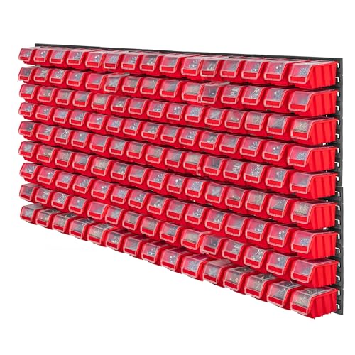 KADAX Werkzeugwandregal, 156x78cm Werkstattwandregal, Werkstattregal für Garage, Werkzeugwand Set, Lagersystem mit Sichtlagerkästen, Erweiterbare Wandplatten (Rot 135 tlg.) von KADAX