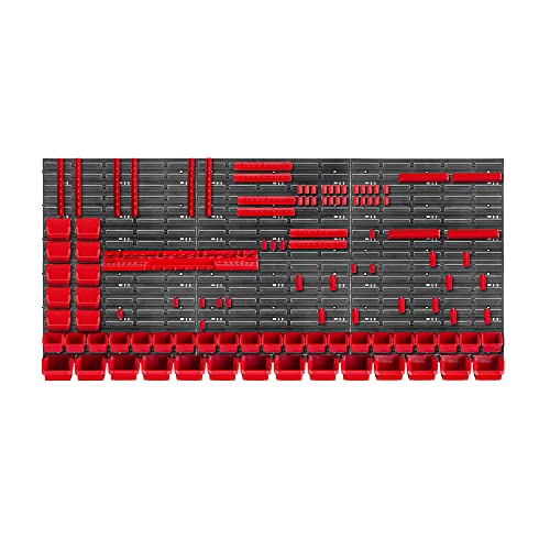 KADAX Werkzeugwandregal Groß, 174x78cm Lagersystem aus robustem Kunststoff, UV-Resistentes Modul-System, Erweiterbare Wandplatten, Werkstattregal für Garage (Rot, 110 TLG.) von KADAX