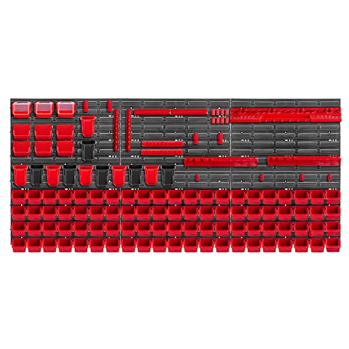 KADAX Werkzeugwandregal Groß, 174x78cm Lagersystem aus robustem Kunststoff, UV-Resistentes Modul-System, Erweiterbare Wandplatten, Werkstattregal für Garage (Rot, 130 TLG.) von KADAX