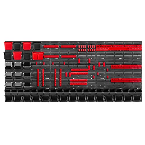 KADAX Werkzeugwandregal Groß, 174x78cm Lagersystem aus robustem Kunststoff, UV-Resistentes Modul-System, Erweiterbare Wandplatten, Werkstattregal für Garage (Rot&Schwarz, 100 TLG.) von KADAX