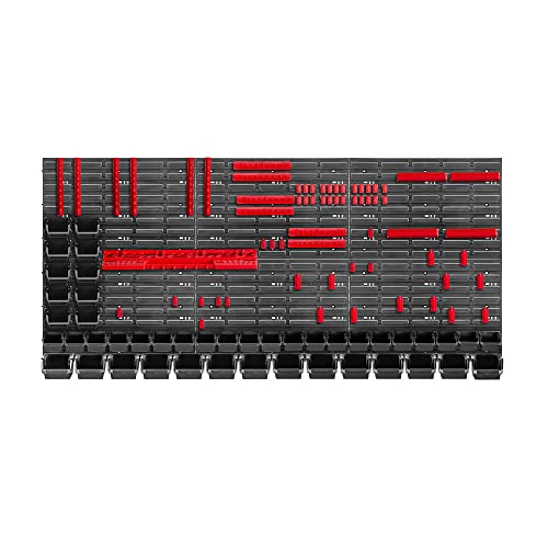 KADAX Werkzeugwandregal Groß, 174x78cm Lagersystem aus robustem Kunststoff, UV-Resistentes Modul-System, Erweiterbare Wandplatten, Werkstattregal für Garage (Rot&Schwarz, 110 TLG.) von KADAX