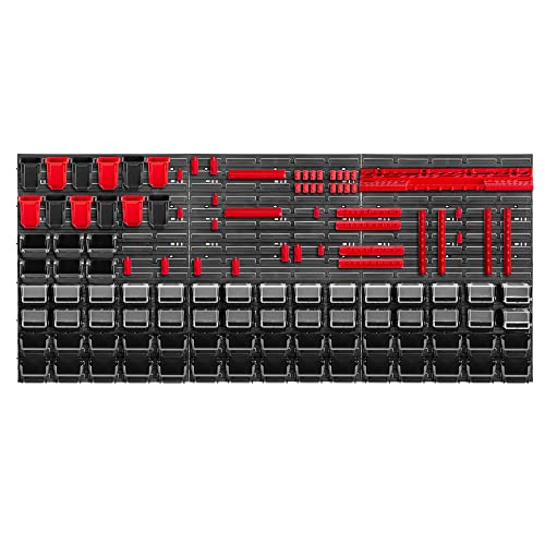 KADAX Werkzeugwandregal Groß, 174x78cm Lagersystem aus robustem Kunststoff, UV-Resistentes Modul-System, Erweiterbare Wandplatten, Werkstattregal für Garage (Rot&Schwarz, 121 TLG.) von KADAX