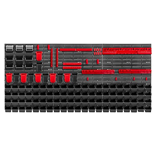 KADAX Werkzeugwandregal Groß, 174x78cm Lagersystem aus robustem Kunststoff, UV-Resistentes Modul-System, Erweiterbare Wandplatten, Werkstattregal für Garage (Rot&Schwarz, 130 TLG.) von KADAX