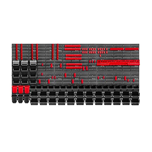 KADAX Werkzeugwandregal Groß, 174x78cm Lagersystem aus robustem Kunststoff, UV-Resistentes Modul-System, Erweiterbare Wandplatten, Werkstattregal für Garage (Rot&Schwarz, 150 TLG.) von KADAX