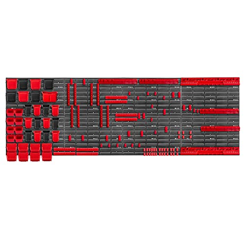 KADAX Werkzeugwandregal Groß, 232x78cm Lagersystem aus robustem Kunststoff, UV-Resistentes Modul-System, Erweiterbare Wandplatten, Werkstattregal für Garage (Rot, 122 TLG.) von KADAX