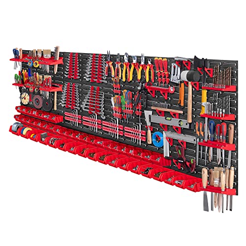 KADAX Werkzeugwandregal Groß, 232x78cm Lagersystem aus robustem Kunststoff, UV-Resistentes Modul-System, Erweiterbare Wandplatten, Werkstattregal für Garage (Rot, 132 TLG.) von KADAX
