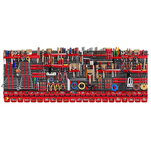 KADAX Werkzeugwandregal Groß, 232x78cm Lagersystem aus robustem Kunststoff, UV-Resistentes Modul-System, Erweiterbare Wandplatten, Werkstattregal für Garage (Rot, 140 tlg.) von KADAX