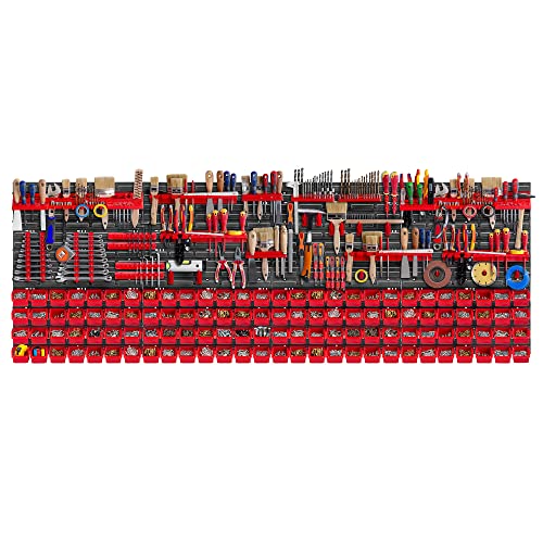 KADAX Werkzeugwandregal Groß, 232x78cm Lagersystem aus robustem Kunststoff, UV-Resistentes Modul-System, Erweiterbare Wandplatten, Werkstattregal für Garage (Rot, 162 TLG.) von KADAX