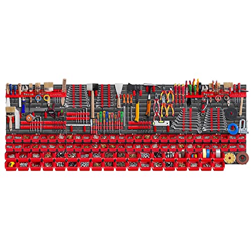 KADAX Werkzeugwandregal Groß, 232x78cm Lagersystem aus robustem Kunststoff, UV-Resistentes Modul-System, Erweiterbare Wandplatten, Werkstattregal für Garage (Rot, 174 TLG.) von KADAX