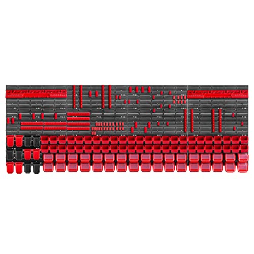 KADAX Werkzeugwandregal Groß, 232x78cm Lagersystem aus robustem Kunststoff, UV-Resistentes Modul-System, Erweiterbare Wandplatten, Werkstattregal für Garage (Rot, 176 TLG.) von KADAX