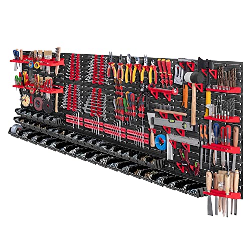 KADAX Werkzeugwandregal Groß, 232x78cm Lagersystem aus robustem Kunststoff, UV-Resistentes Modul-System, Erweiterbare Wandplatten, Werkstattregal für Garage (Rot&Schwarz, 132 tlg.) von KADAX