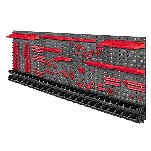 KADAX Werkzeugwandregal Groß, 232x78cm Lagersystem aus robustem Kunststoff, UV-Resistentes Modul-System, Erweiterbare Wandplatten, Werkstattregal für Garage (Rot&Schwarz, 140 TLG.) von KADAX