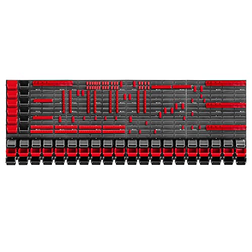 KADAX Werkzeugwandregal Groß, 232x78cm Lagersystem aus robustem Kunststoff, UV-Resistentes Modul-System, Erweiterbare Wandplatten, Werkstattregal für Garage (Rot&Schwarz, 160 TLG.) von KADAX