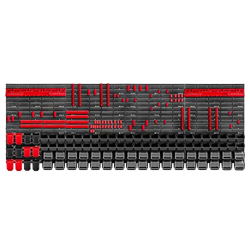 KADAX Werkzeugwandregal Groß, 232x78cm Lagersystem aus robustem Kunststoff, UV-Resistentes Modul-System, Erweiterbare Wandplatten, Werkstattregal für Garage (Rot&Schwarz, 176 tlg.) von KADAX