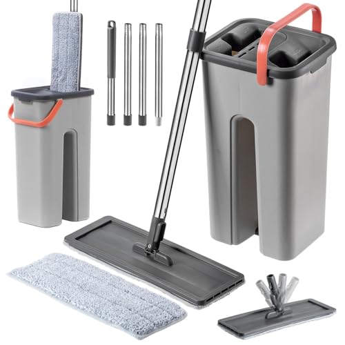 KADAX Wischmopp für Verschiedene Oberflächen, Robuster Bodenwischer mit Doppelkammereimer, Flachwischer, Reinigungsgerät mit Zwei Mikrofasereinlagen (Grau/Orange) von KADAX