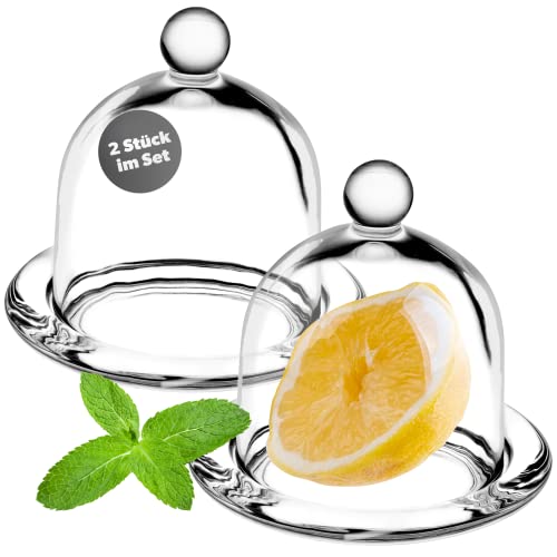 KADAX 2 Stück Zitronenbehälter mit Deckel, Glasbehälter mit Teller, Frischhaltedose für Zitrone, Tomate, Glasglocke, Kuchenglocke aus hochqualitativem Glas, rund, transparent von KADAX