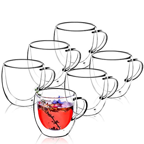 KADAX doppelwandige Glas Tasse, 250 ml, Glas mit breitem Griff, Trinkglas für Saft, Tee, Kaffee, Cappuccino, Wasser, Eistee, Eis, Universalglas, Teeglas, Vakuum (6) von KADAX