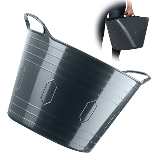 KADAX flexibler Kunststoffkorb mit Griffen, Wäschekorb, multifunktionaler Spielzeugkorb, Mehrzweckkorb, Runder Behälter für Kleidung, Universalkorb (Dunkelgrau, 42L) von KADAX