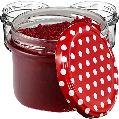 KADAX kleine Einmachgläser 235 ml, Gläser fi82, Minigläser für Honig und Ge-würze, Marmeladengläser mit Deckel, Luftdichte Gläschen zum Verschenken (Rot gepunktet 100 Stück) von KADAX