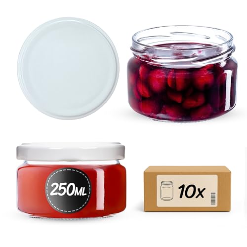 KADAX 10st Einmachgläser 250 ml, Marmeladengläser mit Twist-Off Deckel fi82, Dessertgläser, Luftdicht & Spülmaschinenfest, Dickwandiges Glas, Auswahl an Schraubverschlüssen (Weiß) von KADAX