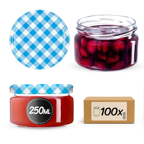 KADAX kleine Einmachgläser 250 ml, Marmeladengläser mit Deckel, Luftdichte Gläschen zum Verschenken, Minigläser für Honig und Gewürze (100 Stück, Blau kariert) von KADAX