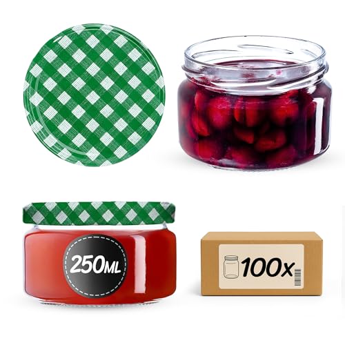 KADAX kleine Einmachgläser 250 ml, Marmeladengläser mit Deckel, Luftdichte Gläschen zum Verschenken, Minigläser für Honig und Gewürze (100 Stück, Grün kariert) von KADAX