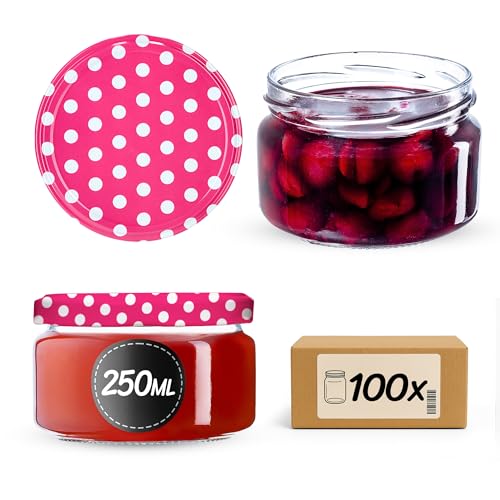 KADAX kleine Einmachgläser 250 ml, Marmeladengläser mit Deckel, Luftdichte Gläschen zum Verschenken, Minigläser für Honig und Gewürze (100 Stück, Rosa gepunktet) von KADAX