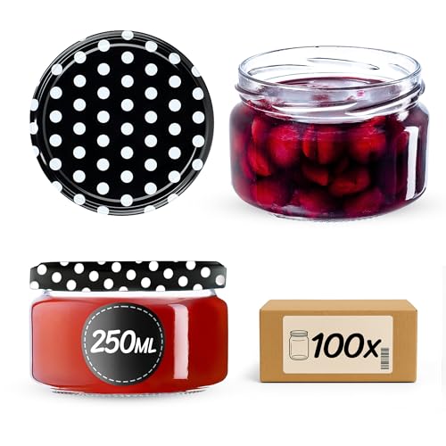 KADAX kleine Einmachgläser 250 ml, Marmeladengläser mit Deckel, Luftdichte Gläschen zum Verschenken, Minigläser für Honig und Gewürze (100 Stück, Schwarz gepunktet) von KADAX