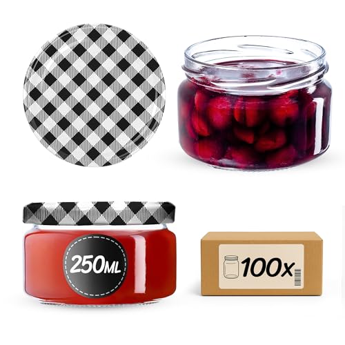 KADAX kleine Einmachgläser 250 ml, Marmeladengläser mit Deckel, Luftdichte Gläschen zum Verschenken, Minigläser für Honig und Gewürze (100 Stück, Schwarz kariert) von KADAX